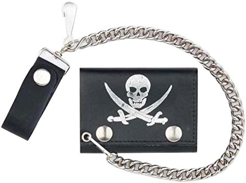 MascorroGenuine Leather Men's Pirate Skull Tri-Fold Biker Chain Wallet, Black TC304-70s