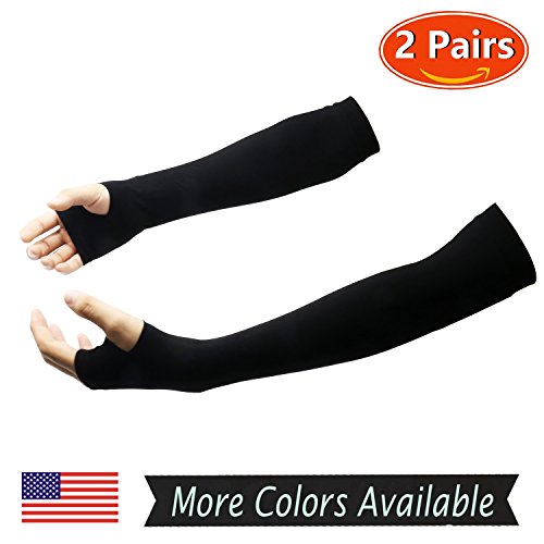 Compression Sports Arm Sleeve 99% UV Protection for Golf Weight Training Basketball Cycling Pain Injury Recovery, Helps protect arms from abrasions blisters Long Black 2 Pairs