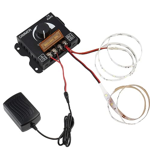 TERRIFI DC 12V-24V 30A LED Light Strip Dimmer, PWM Dimming Controller with ON/Off Switch Knob, Aluminum Case for 5050 3528 LED Strip Lights, Adjust Brightness with Precision, Black