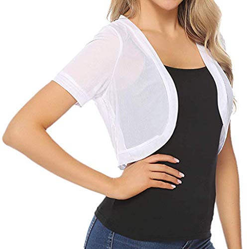 Summer Womens Tops Semi Sheer Short Sleeve Corp T-Shirt Chiffon Solid Basic Shrug Open Front Bolero Cardigan Tops White