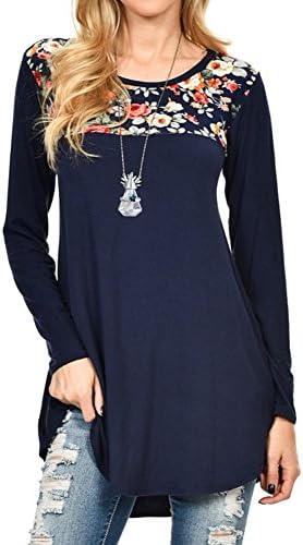 Ankosen Womens Long Sleeve Flattering Comfy Tunic Slim Fit Flowy Top Navy L