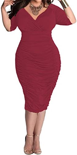Womens Plus Size Deep V Neck Wrap Ruched Waisted Bodycon Dress
