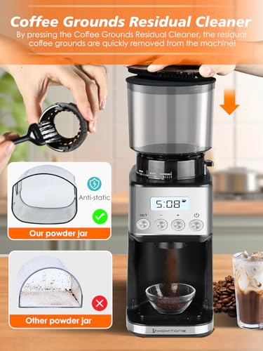Homtone Electric Coffee Grinder, 51 Adjustable Grinding Levels, Stainless Steel Conical Grinder, Anti-Static Technology, for Espresso, Filter Coffee and French Press, 160W (Silver)