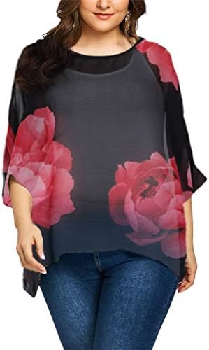 Fendxxxl Women's Batwing Tops Casual Floral Chiffon Blouse Colorblock Shirt Loose Tunics
