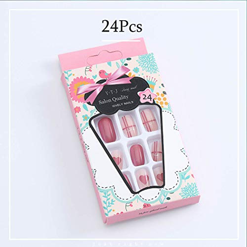 Tgirls 24Pcs Pink Glossy False Nails Heart Full Cover Medium Oval Fake Nails Nude Wedding Party Nail for Women and Girls - Thumbnail 5