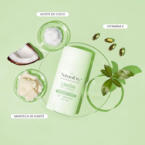 NaturalDry - Piel Sensible para toda la familia- Desodorante natural SIN Bicarbonato de Sodio - Para hombre y mujer - No obstruye los poros - Sin Aluminio - Sin Parabenos - Elimina el mal olor - Limón - Deodorant en barra (1 unidad)