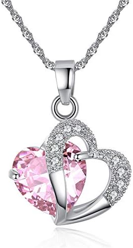 KOHAKOU Women's Stylish Artificial Gem Love Heart Shape Pendant Chain Necklace Valentines Pink