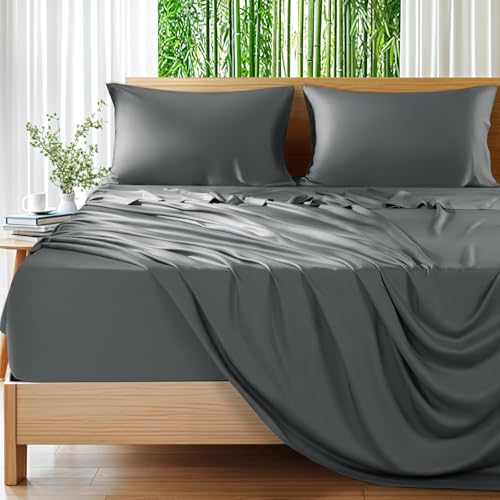 Shilucheng 100% Viscose Derived from Bamboo_Sheets, Extra Deep Pocket Sheets Fits 18"-24" Thick Mattress, Cooling & Breathable Bed Sheets 4Pcs, Hotel Silky Bedding Set（Dark Grey，105"x 105"）