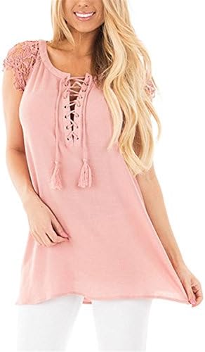 BIYOUKING Stylish Women Loose Fit Lace Sleeves Comfy Lace Up Front Tunic Blouse