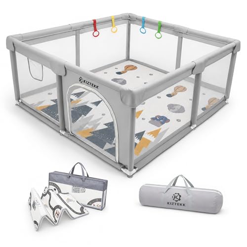 KIZTEKK - Baby Playpen 150 x 150 cm - Baby Playpen with Foldable Floor Mat - Large Secure Space - Reinforced Protection - 360° Visibility - 2 Storage Bags Included - 4 Support Rings