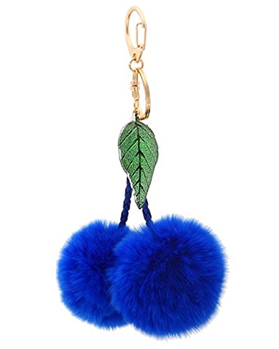 Women's Cute Genuine Rabbit Fur Ball Pom Pom Keychain With Genuine Leather (BLUE WITH LEAF)