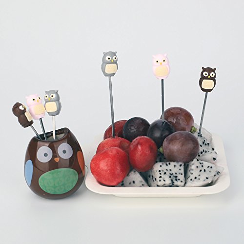 Zeltauto 6 Pcs Stainless Steel Fruit Forks Cute Cartoon Animal Food Picks Salad Cake Dessert Forks, Comes with a Ceramic Holder (Owl)