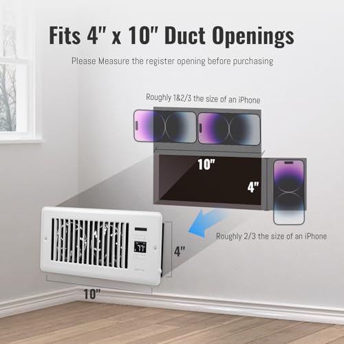 SANYCASA Register Booster Fan for 4" x 10" Register Holes, Super Quiet Vent Fan Booster with Intelligent Thermostat, Improves Heating & Cooling Vents, App Control, 10-Speeds, White