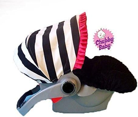 Baby Car seat Cover, Canopy in black &amp; white Stripes w/ hot pink ruffle. Seat in black minky. FREE strap covers included