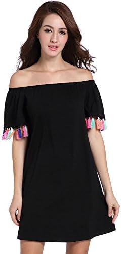 Ebizza Off Shoulder Dresses for Women Tassels Casual Short Tunic Dress Black White Plus Size -M Black