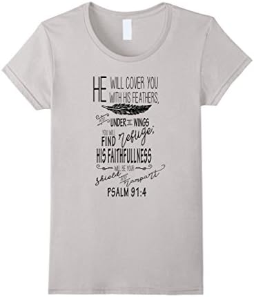 Women's PSALM 91:4 Christian Bible Verse T-Shirt Medium Silver