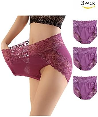 Ladies Elastic Solid Color Slim High Rise Sheer Sexy Lace Panties Purple XL 3 Pack