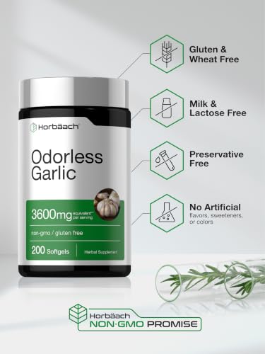 Horbäach Odorless Garlic Softgels | 200 Count | Ultra Potent Garlic Extract | Non-GMO & Gluten Free