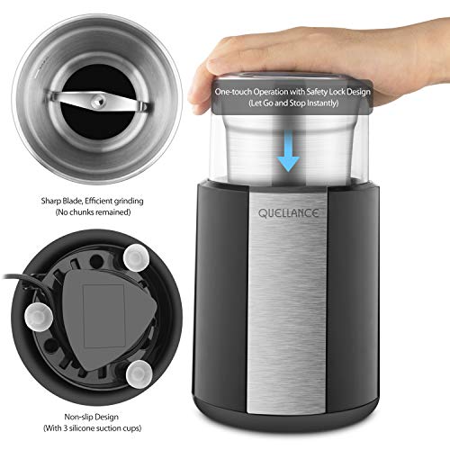 QUELLANCE Electric Coffee Grinder, Stainless Steel Blades Coffee and Spice Grinder with 2.5 Ounce Removable Cup, Powerful 200W Electric Mills for Most Efficient Grinding, Black - Thumbnail 2