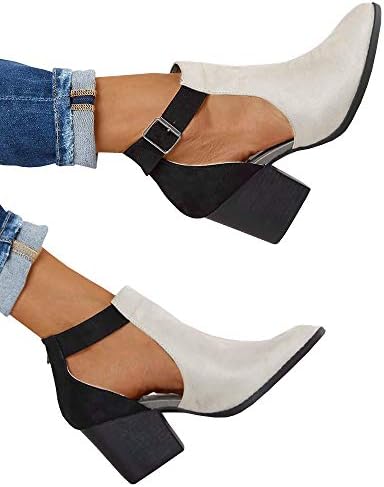 Huiyuzhi Womens Ankle Boots Low Chunky Heel Cut Out Ankle Strap Cowboy Booties