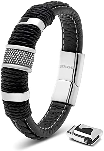 Men's Braided Leather Bracelet With Stainless Steel Clasp – Adjustable Cuff Wristband In Black, Silver Or Gold Tone