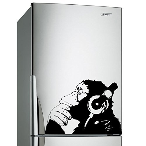 (40x28 cm) Banksy Vinyl Wall Decal Monkey With Headphones/One Color Chimp Listening to Music in Earphones/Street Graffiti Sticker