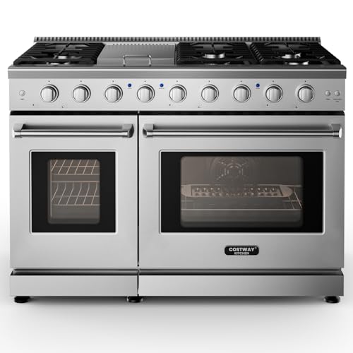 COSTWAY 48 Inches Natural Gas Range, with 7 Burners Cooktop & Double Ovens, Storage Drawer, Dual Fuels Range with Cast Iron Grates & Enamel Interior, Stainless Steel (48 Inch)