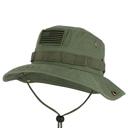 Armycrew Military American Flag Hook and Loop Patch Boonie Cap with Chin Strap