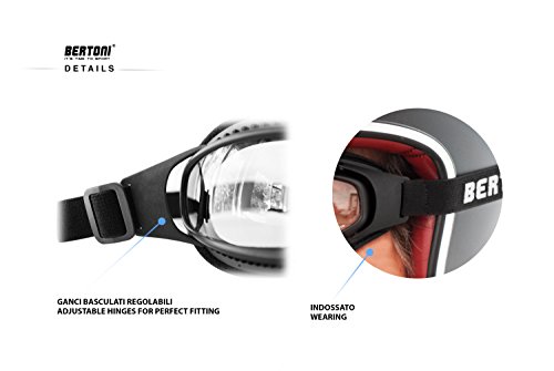 Motorcycle Goggles for Helmet - Antifog Lens - Adjustable Strap - Mat Black - by Bertoni Italy AF113A Smoke Lens - Wraparound Windproof Motorbike Goggles