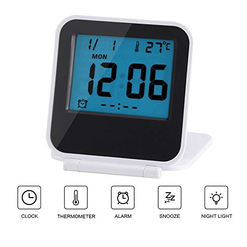 Huasen Mini Small Digital Travel Alarm Clocks Battery Operated with Light Folding,Calendar and Temperature,Snooze and Nightlight,Folds into One Compact Unit for Travel,Portable,Pocket Size (White) - Thumbnail 7