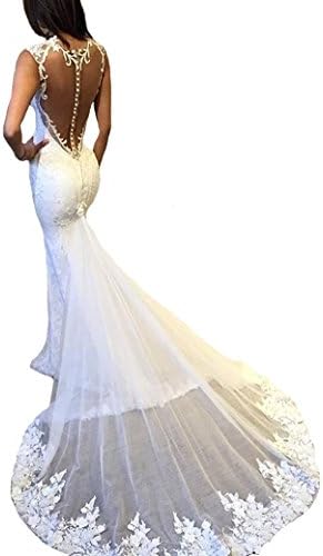 Gralre Women's Sexy Open Back Beach Wedding Dresses Mermaid Long Lace Appliques Bridal Gowns Ivory US10