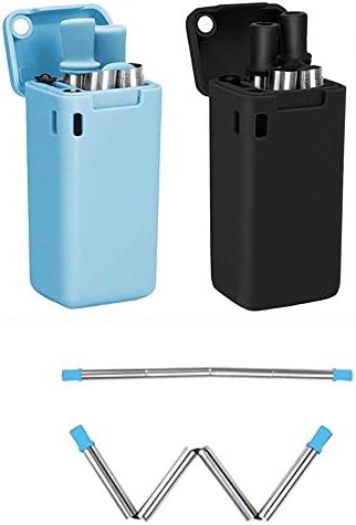 2-Pack Collapsible Straws, Stainless Steel Reusable Foldable Drinking Straws Upgraded Cleaning Brush For Party, Travel, Household, Outdoor (Black&Blue)
