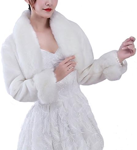 Women Long Sleeve Faux Fur Coat Wedding Bridesmaid Wrap Shawl Jacket PJ014 White