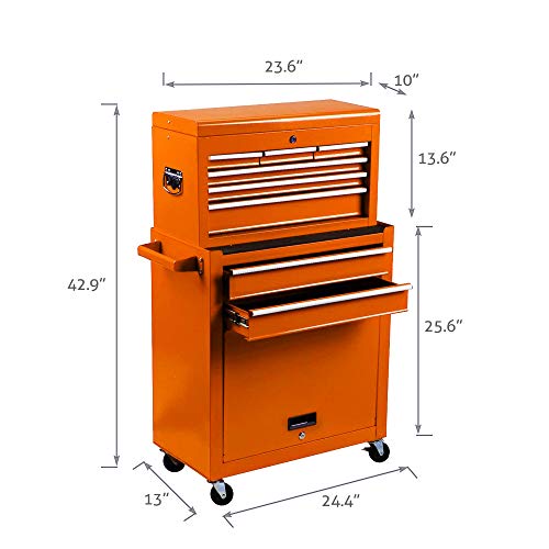 Big Tool Box,Rolling Tool Chest with Sliding Drawers,2 in 1 Tool Cabinet with 4 Swivel Wheels (2Pcs with Brake),Cold Rolled Steel,Orange - Thumbnail 4