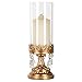 Amalfi Décor Antique Gold Metal Candle Holder with Glass Hurricane Vase, Crystal Draped Pillar Stand Accent Display
