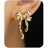 FliuSaux Gold Bow Earrings for Women Dainty Bow Stud Earrings Classic Ribbon Earring Trendy Jewelry Christmas Holiday Earrings