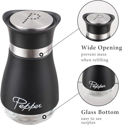 Salt and Pepper Shakers Set,4 oz Glass Bottom Salt Pepper Shaker with Stainless Steel Lid for Kitchen Gadgets Cooking Table, RV, Camp,BBQ Refillable Design (Black)