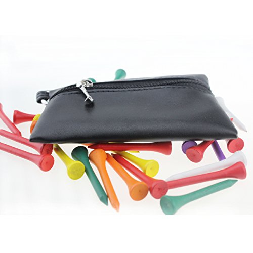 Kofull Golf Tee/Ball Holder Pouch Bag PU Zipper with Metal Clip (Free 12pcs Golf Wood Tees)