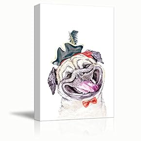 Dogs Series Canvas Wall Art - Watercolor Style Pug with an Antique Hat and a Bow Tie - Giclee Print Gallery Wrap Modern Home Art Ready to Hang - 12x18 inches