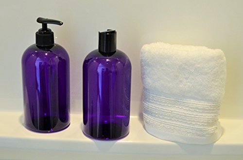PURPLE PLASTIC PUMP BOTTLES - 16 OZ REFILLABLE with Black Pumps - ORGANIZE Soap, Shampoo and Lotion with a Clean, Classy Look - PET, Lightweight, BPA Free - 6 Pack, BONUS 6 FLORAL WATERPROOF LABELS