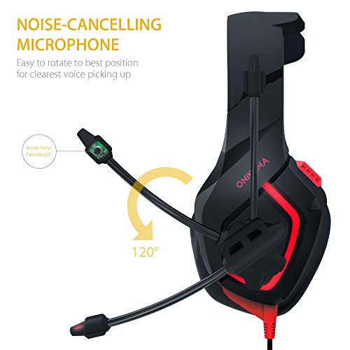 PC Gaming Headset, MillSO K1 Stereo Bass Surround Over-Ear Headphone with Adjustable Microphone, 3.5mm Audio Jack Y Cable Adapter, LED Light and Volume Control for PS4 Xbox one PC Nintendo Switch--Red - Thumbnail 2