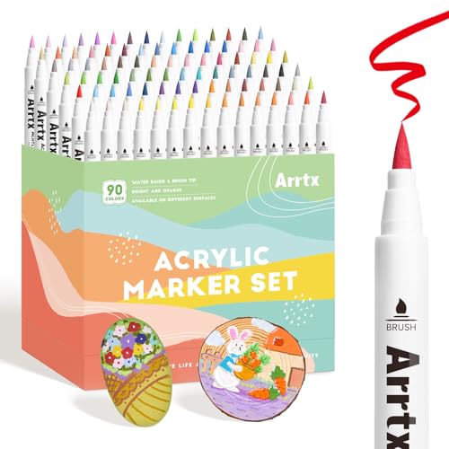 Arrtx Acrylstifte für Steine Wasserfest-90 Farben Pinsel Spitze Naturfarben Acrylmarker für Steinmalerei, Glas, Keramik,Holz,Metall,Deckende Acrylstif