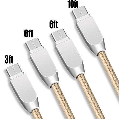 KMISS USB Type C Cable, 4-Pack (3FT 6FT 6FT 10FT) USB C to USB A Charger, Nylon Braided Fast Charging Cord for Samsung Galaxy S9 S8 Note 8, Pixel, LG V30 G6 G5, Nintendo Switch, OnePlus 5 3T (Gold)