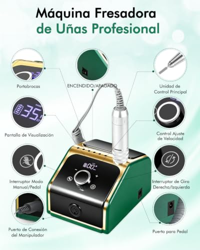 CozyZen Professional Electric Nail Drill Machine, 35000RPM with LCD Display, Manual/Pedal Control and Quiet Operation, for Acrylic/Gel Nails - Home & Salon Use(Green)