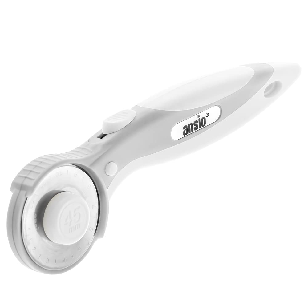 ANSIO Rotary Cutter with Safety Lock, Sewing Accessories Perfect for Cutting Fabric, Leather, Paper, Quilting, Crafting, Ergonomic Handle Rolling Cutter Perfect for Left&Right Hand, 45mm(Snow White)