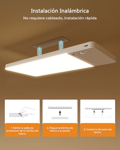 Lampara de Techo Recargable 12000mAh, 2 Pack Luz LED Inalámbrica con Sensor de Movimiento y Control Remoto, 3 Colores y Regulable, Luces para Cocina, Clóset, Baño, Pasillo, Recámara