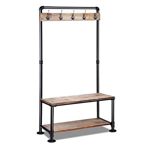 Diwhy Industrial Pipe Clothing Rack Pine Wood Shelving Shoes Rack Cloth Hanger Pipe Shelf Garment Rack with Wheel (Silver)