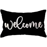 ULOVE LOVE YOURSELF Welcome Lumbar Throw Pillow Covers Farmhouse Rustic Decorative Rectangular/Waist Pillowcases 12 x 20 Inch Front Porch Decor Cushion Covers Housewarming Gifts(Black)