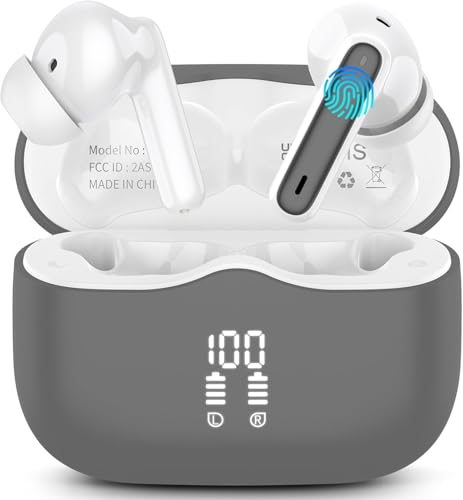Wireless Earbuds, 2026 Bluetooth 5.4 Headphones in Ear with 4 ENC Noise Cancelling Mic, Wireless Earphones with HiFi Stereo, 40H Playtime, LED Display, Bluetooth Earbuds IP7 Waterproof, USB-C, Gray
