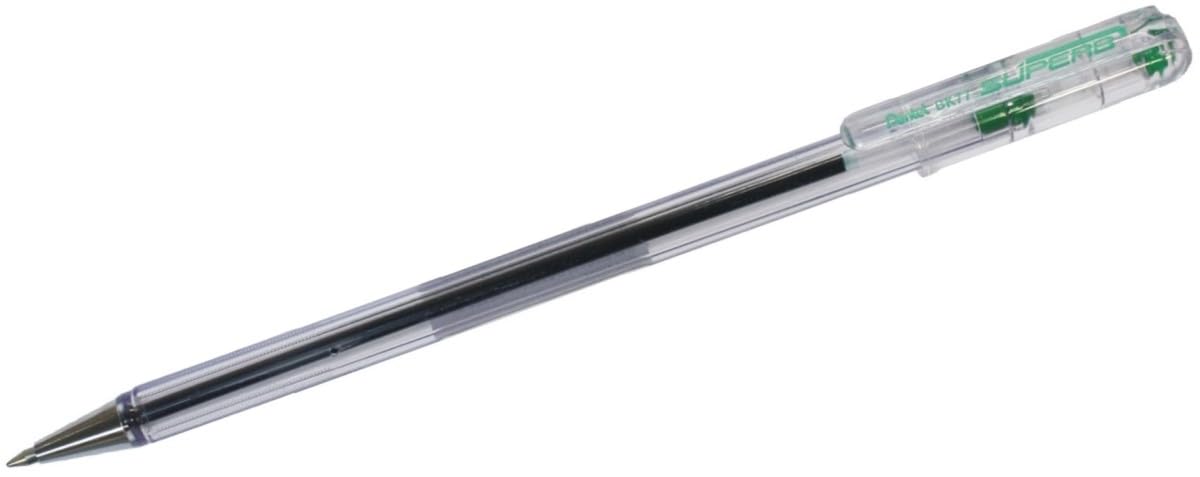 Pentel Super BK77-D Ballpoint Pen/fine Tip Crystal Plastic Barrel with Lid Green Ink-Pack of 12